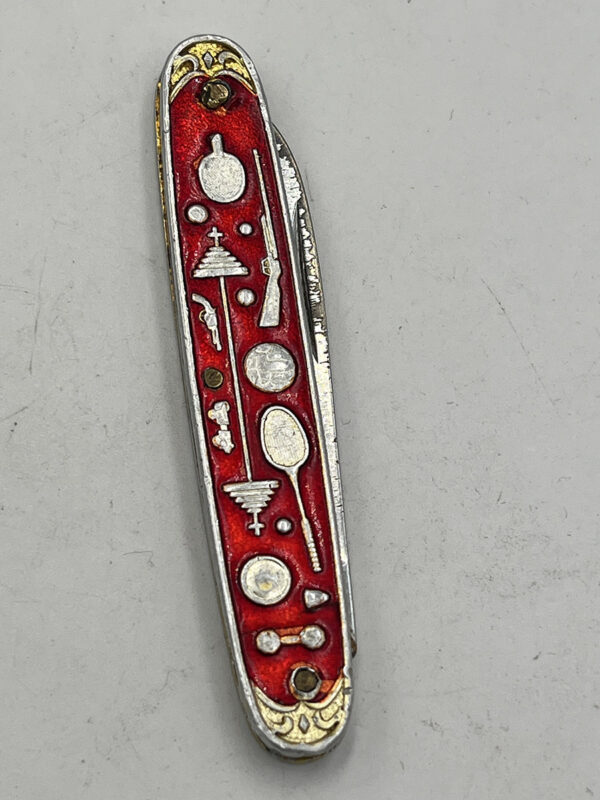 Vintage Chinese Summer Olympics Pocket Knife Red Enamel - Image 3