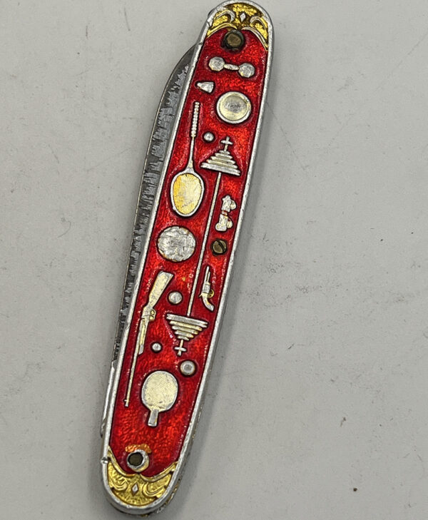 Vintage Chinese Summer Olympics Pocket Knife Red Enamel - Image 2